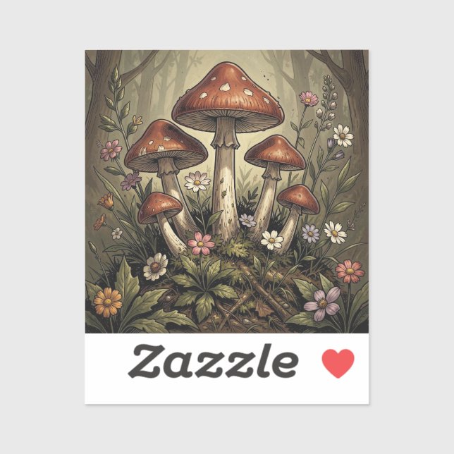 Retro Camper, Mushrooms, Stream and Flowers Sticker (Sheet)