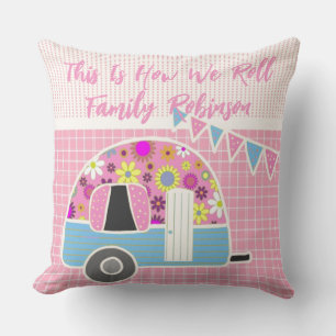 Retro Camper Pink Blue Personalized Throw Pillow