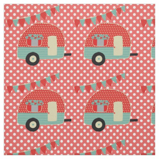 Retro Camper Red Aqua Polkadot Pattern Fabric