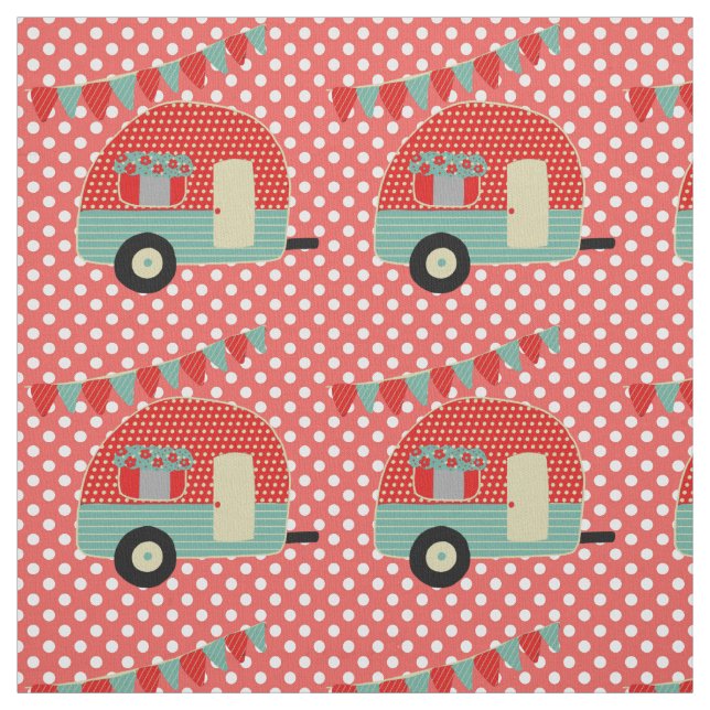 Retro Camper Red Aqua Polkadot Pattern Fabric (Swatch)