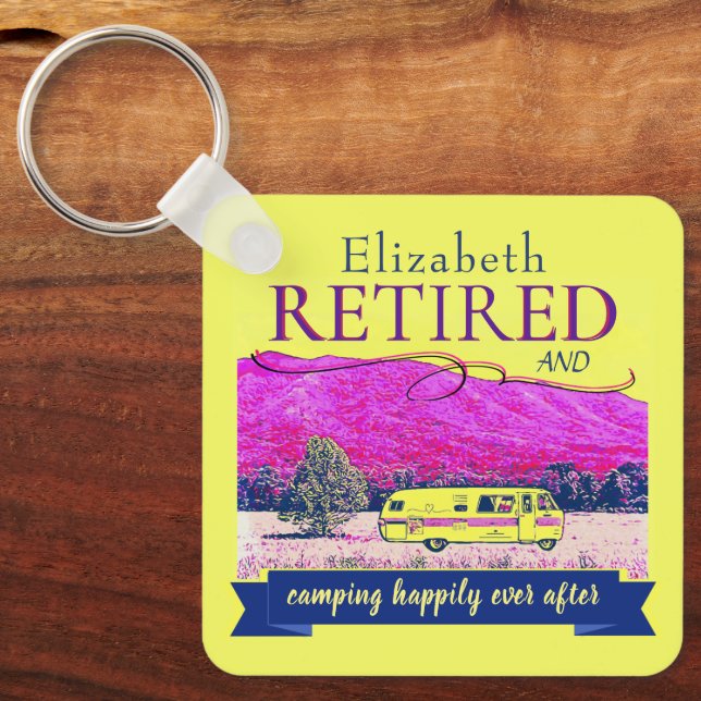 Retro Camper Retired Camping Happily Ever After Keychain (Front)