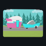 Retro Camper / Trailer and Car iPad Mini Cover<br><div class="desc">This Retro Camper / Trailer and Car iPad Mini Cover features a mid century modern, minimalist cartoon drawing that will leave you ready to take to the open road. An homage to the 1950s, this design features a vintage turquoise car with white top, pulling a kitschy travel trailer to its...</div>