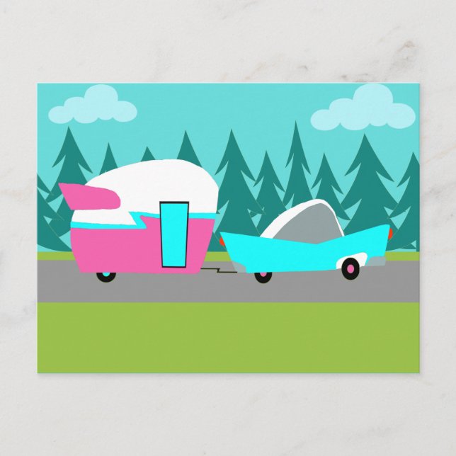 Retro Camper / Trailer and Car Postcard (Front)