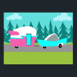 Retro Camper / Trailer and Car Poster<br><div class="desc">This Retro Camper / Trailer and Car Poster features a mid century modern, minimalist cartoon drawing that will leave you ready to take to the open road. An homage to the 1950s, this design features a vintage turquoise car with white top, pulling a kitschy travel trailer to its final destination....</div>