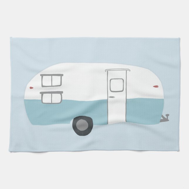 Retro Camper Trailer blue kitchen towel (Horizontal)