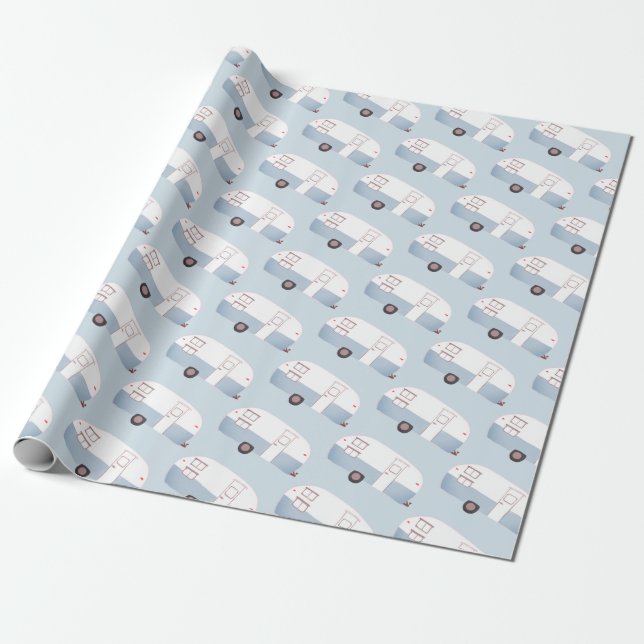 Retro Camper Trailer blue wrapping paper (Unrolled)