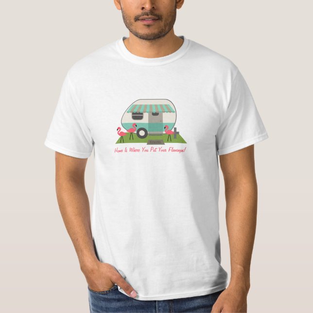 Retro Camper / Trailer & Pink Flamingos T-Shirt (Front)