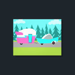 Retro Camper / Trailer Stretched Canvas Print<br><div class="desc">This Retro Camper / Trailer and Car Stretched Canvas Print features a mid century modern, minimalist cartoon drawing that will leave you ready to take to the open road. An homage to the 1950s, this design features a vintage turquoise car with white top, pulling a kitschy travel trailer to its...</div>