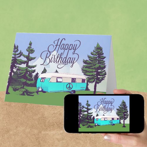 Retro Camper Trailer with Mountain View Birthday Card