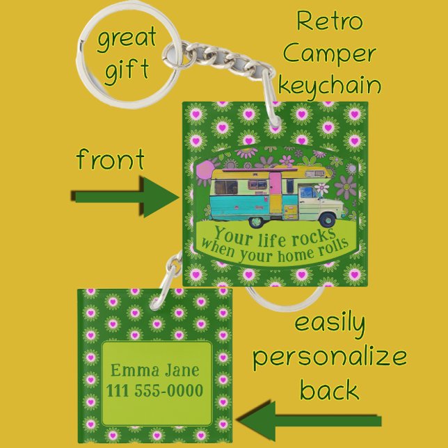 Retro Camper Van Life Rocks Fun Mod Flowers Keychain (Retro camper van keychain.
What a great gift!)