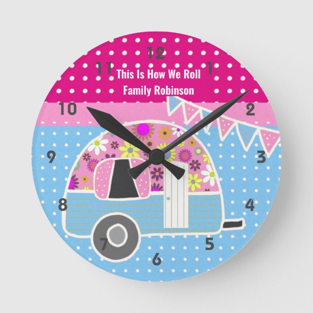 Retro Camper Van Pink Blue Shabby Chic Polkadot Round Clock (Front)