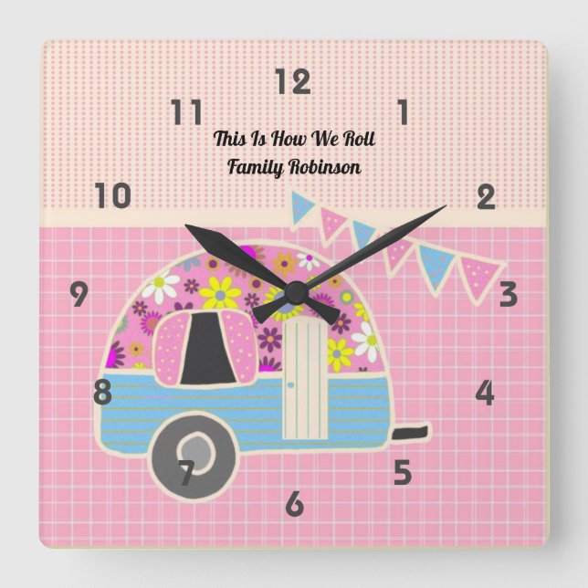 Retro Campervan Pink Blue Hipster Shabby Chic Square Wall Clock (Front)