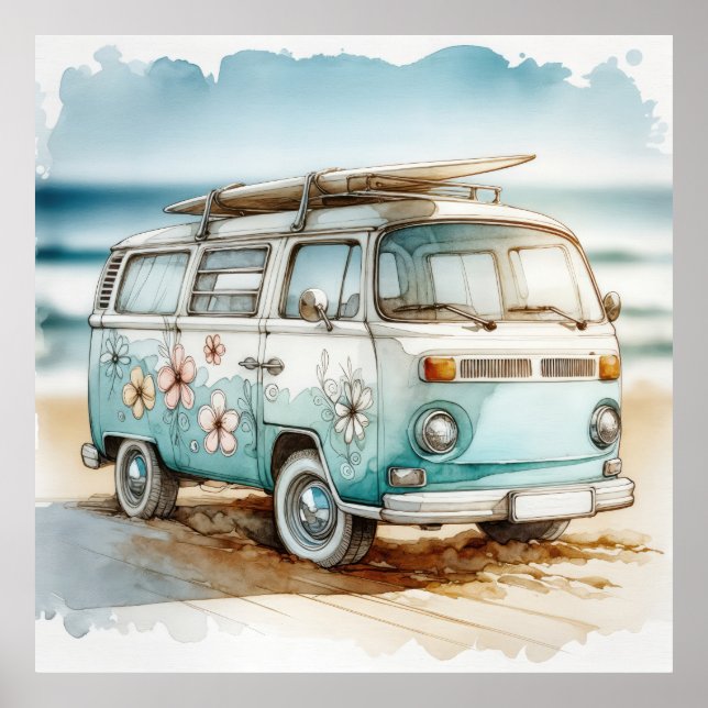 Retro Campervan With Hippie Flowers and Surfboard Poster (Front)