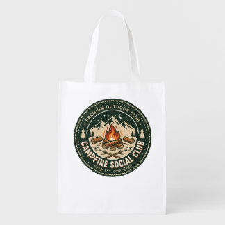 Retro Campfire Social Club Mountain Outdoor Badge Grocery Bag