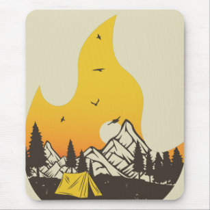 Retro Camping Camper Campfire Sunset Mountains Mouse Pad
