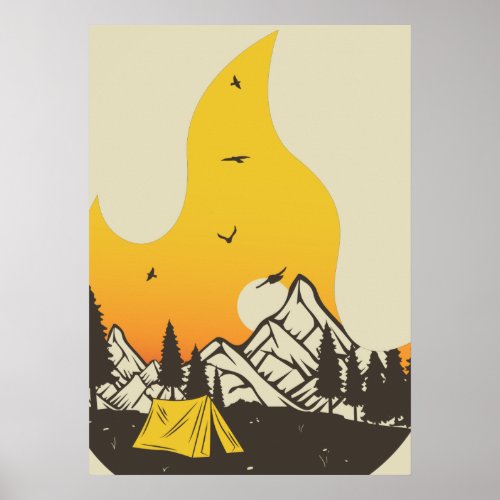 Retro Camping Camper Campfire Sunset Mountains Poster