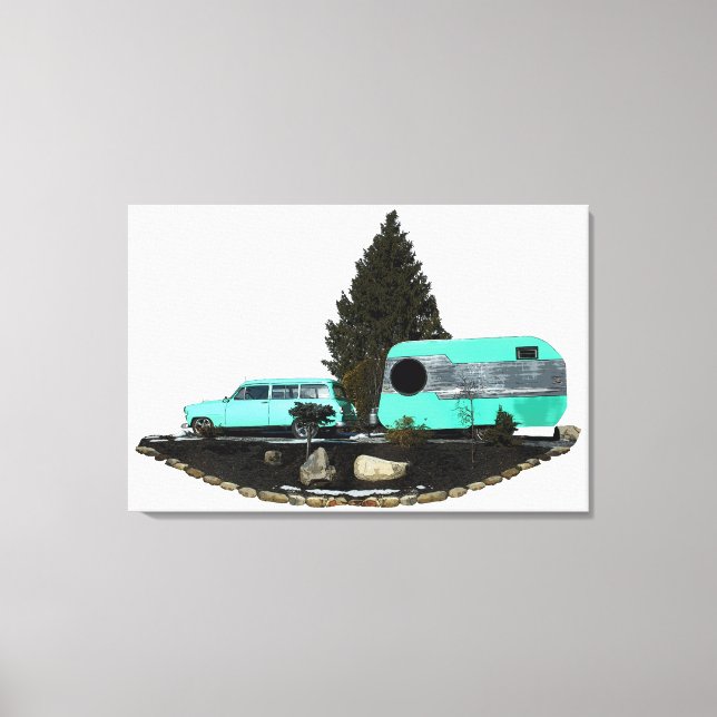 Retro Camping Car Trailer Stretched Wrapped Canvas Print (Front)