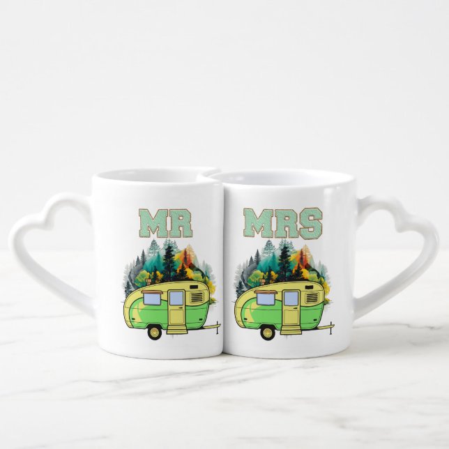 Retro Camping, Caravan Mr and Mrs Coffee Mug Set (Back Nesting)