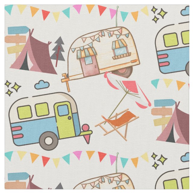 Retro Camping -  Happy Camping. Old school fun! Fabric (Close Up)