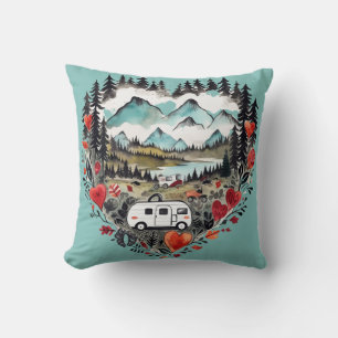 Retro Camping Heart Watercolor Throw Pillow