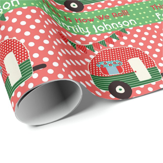 Retro Camping Party Supplies Custom Red Green Dots Wrapping Paper (Roll Corner)
