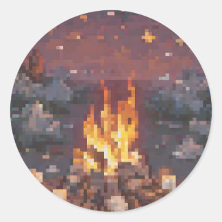 Retro Camping Pixel Art Design - Glowing Campfire  Classic Round Sticker