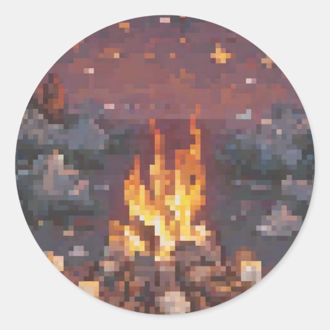 Retro Camping Pixel Art Design - Glowing Campfire  Classic Round Sticker (Front)