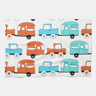 Retro Camping Trailer Turquoise Orange Vintage Car Kitchen Towel