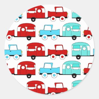 Retro Camping Trailer Turquoise Red Vintage Cars Classic Round Sticker by PrettyPatternsGifts at Zazzle