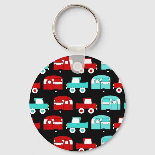 Retro Camping Trailer Turquoise Red Vintage Cars Keychain (Front)