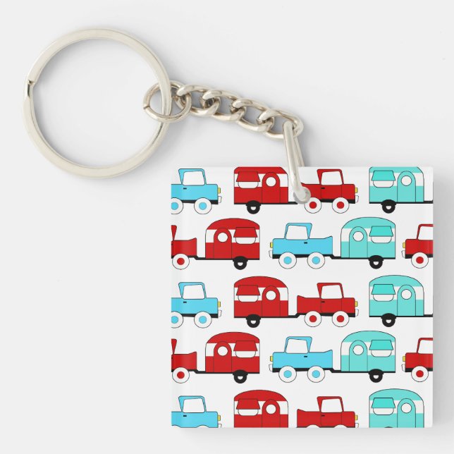 Retro Camping Trailer Turquoise Red Vintage Cars Keychain (Front)