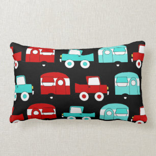 Retro Camping Trailer Turquoise Red Vintage Cars Lumbar Pillow