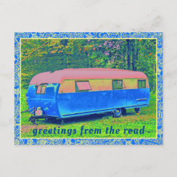 Retro Camping Trailer with Vintage Floral Frame Postcard