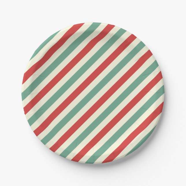 Retro Candy Cane Christmas Stripes Red Green Paper Plates (Front)