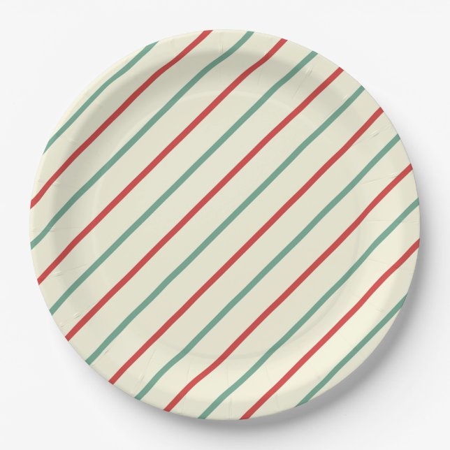 Retro Candy Cane Christmas Stripes Red Green Paper Plates (Front)