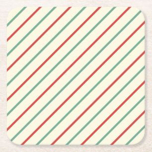 Retro Candy Cane Christmas Stripes Red Green Square Paper Coaster