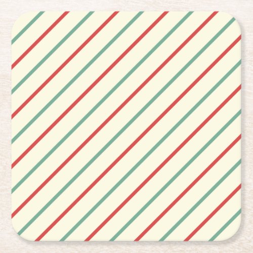 Retro Candy Cane Christmas Stripes Red Green Square Paper Coaster