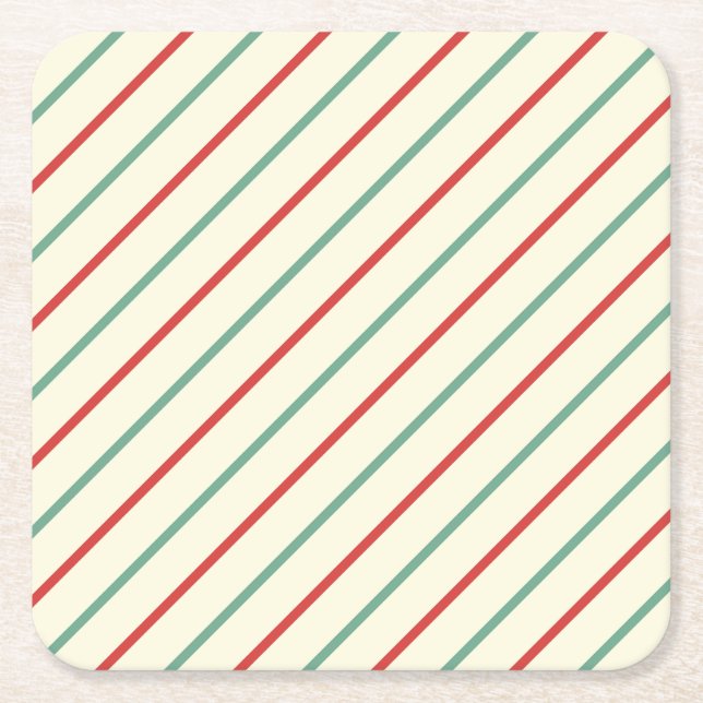 Retro Candy Cane Christmas Stripes Red Green Square Paper Coaster (Front)