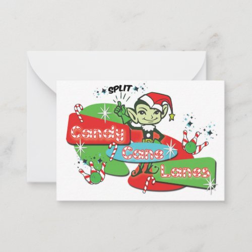 Retro Candy Cane Lanes Bowling Elf Note Card