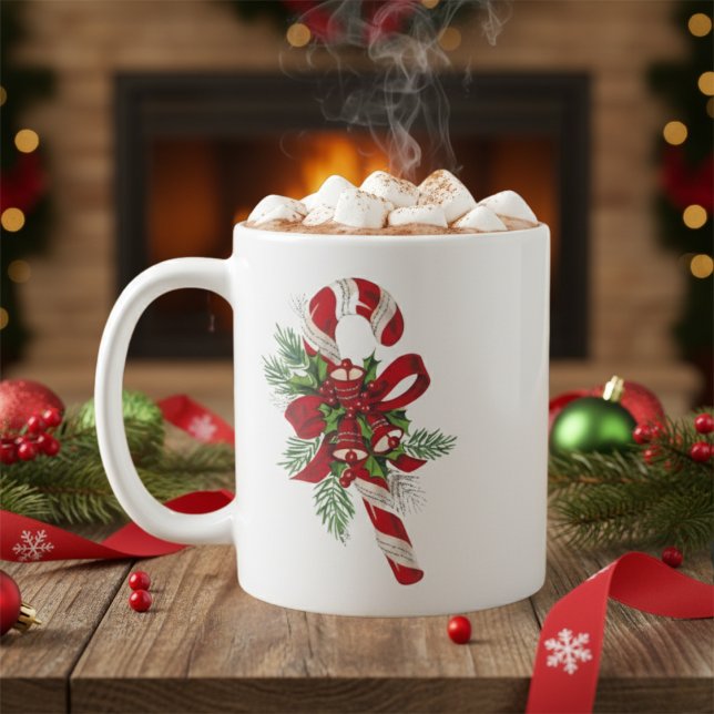 Retro Candy Cane with Bells and Bow Christmas Coffee Mug (Retro Candy Cane with Bells and Bow Christmas Coffee Mug)