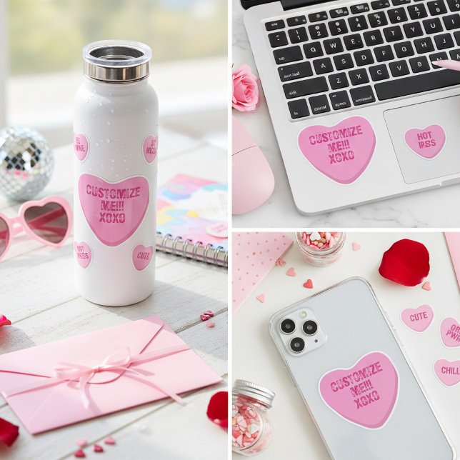 Retro Candy Heart Personalized Custom Pink Vinyl Sticker (A custom pink candy heart vinyl sticker  for your Valentine or Galentine conversation heart)