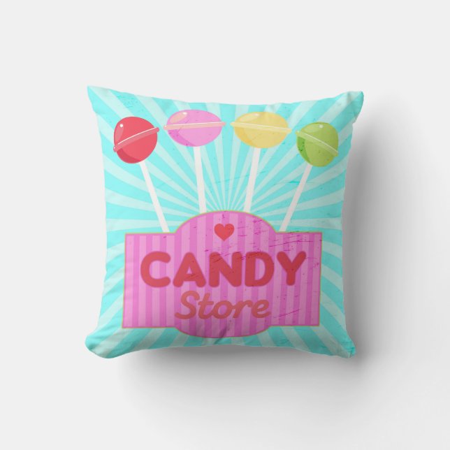 Retro Candy Store Pastel Lollipops on Stripes Throw Pillow (Front)