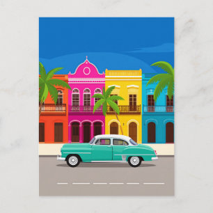 Retro Car and Colorful Colonial Buildings Cuba Postcard
