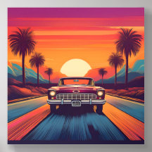 Retro Car at Sunset with Palm Trees