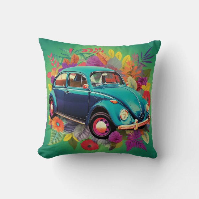 Retro Car Beetle Bug 1960s  Throw Pillow (Front)