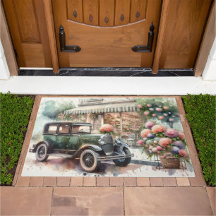 Retro Car & Blooming Boutique Scene Doormat