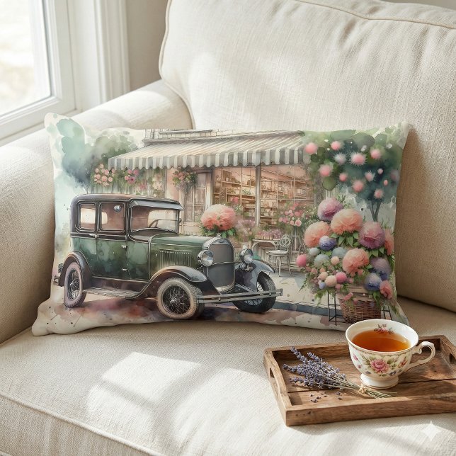 Retro Car & Blooming Boutique Scene Lumbar Pillow (Retro Car & Blooming Boutique Scene Lumbar Pillow Mockup A)