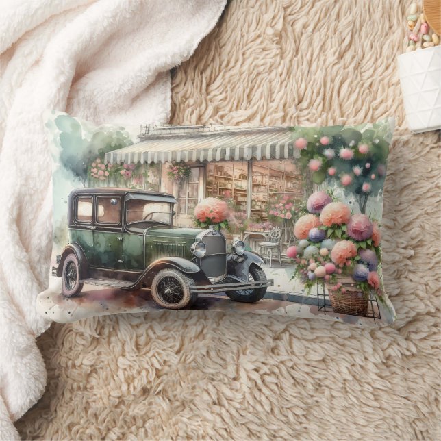 Retro Car & Blooming Boutique Scene Lumbar Pillow (Blanket)