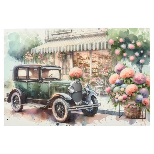 Retro Car & Blooming Boutique Scene Metal Print (Front)