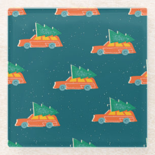 Retro Car Christmas Tree Pattern Glass Coaster